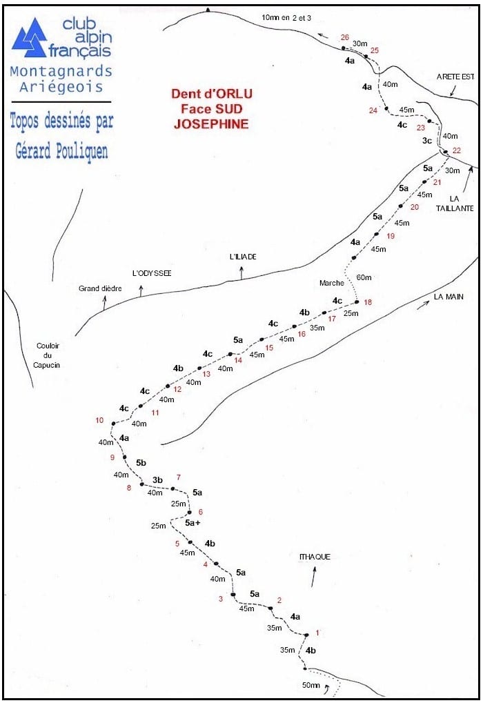 Topo escalade voie Josephine dent d'orlu face sud