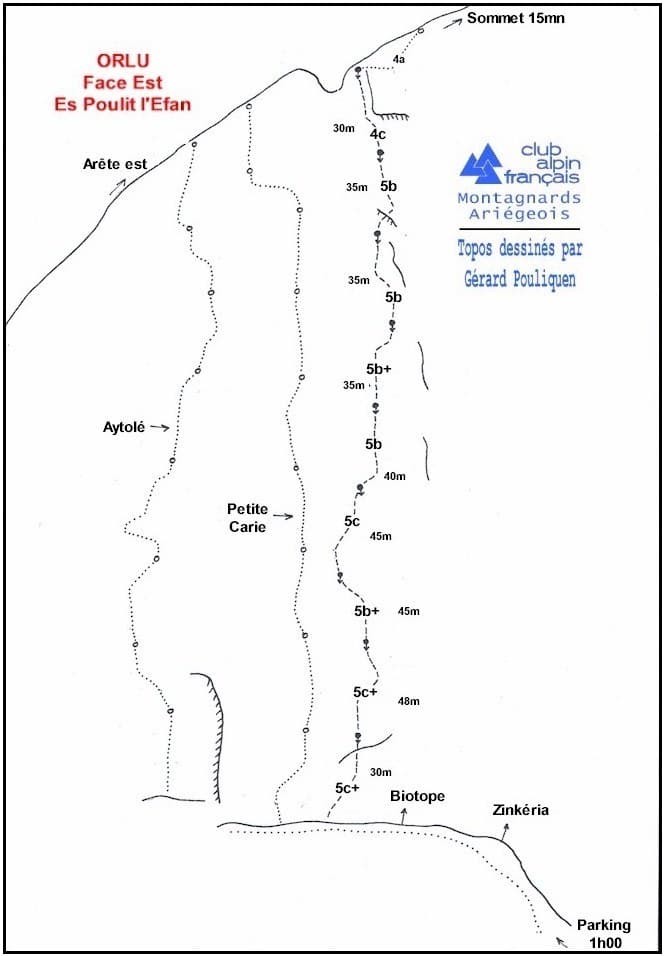 Topo escalade orlu face sud est Es Poulit l'Efan